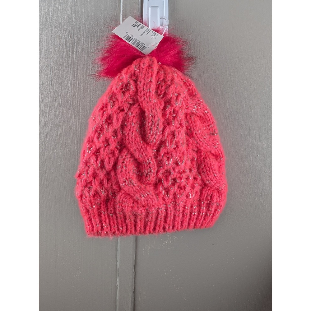 Childrens Place Girls Pink Metallic Cable Knit Beanie Faux Fur Pom Hat L/XL NWT